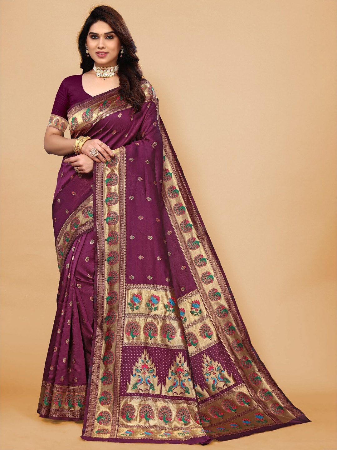 

DIVASTRI Ethnic Motif Woven Design Zari Silk Cotton Paithani Saree, Purple