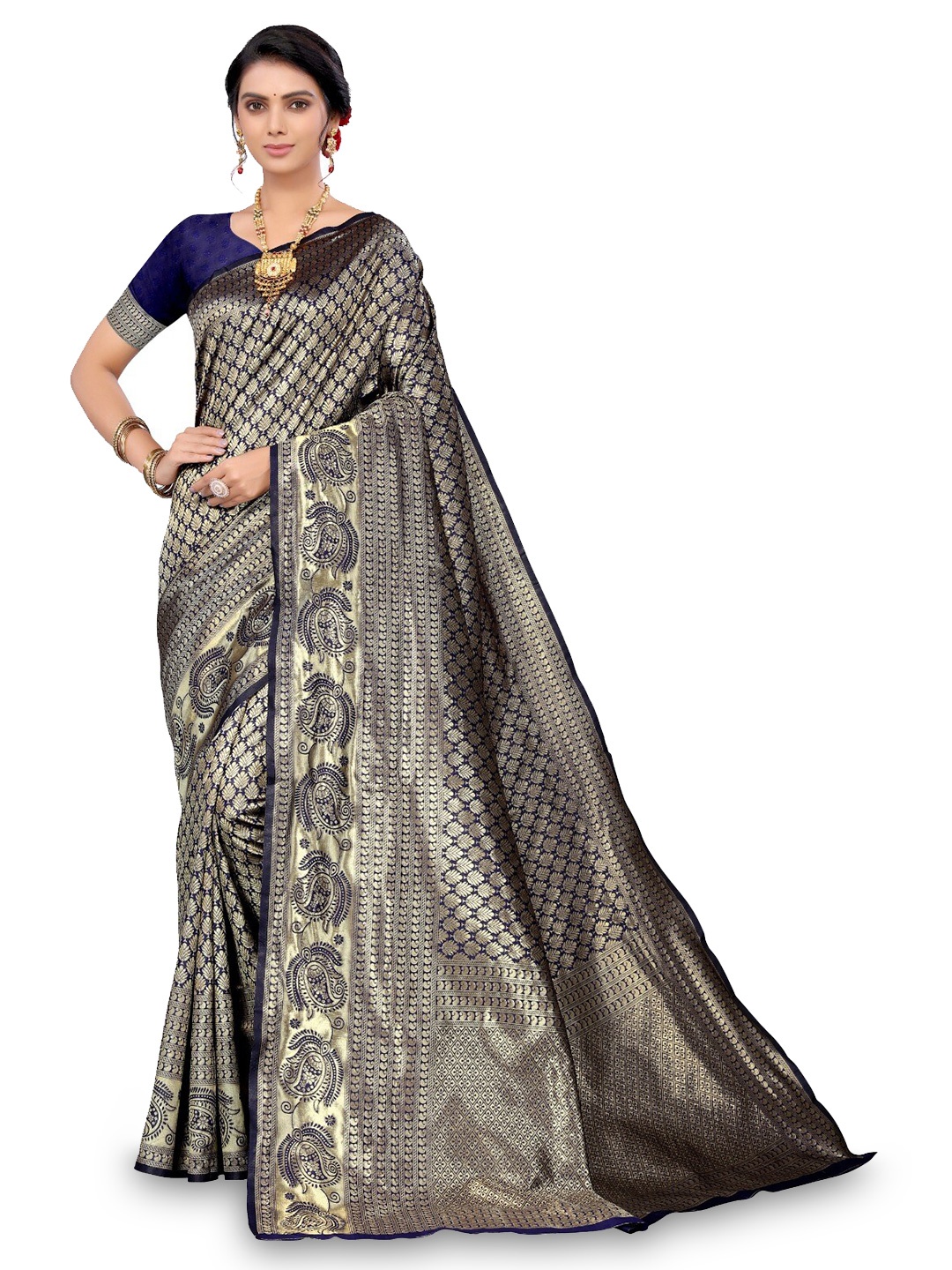 

DIVASTRI Ethnic Motifs Zari Silk Cotton Banarasi Saree, Blue