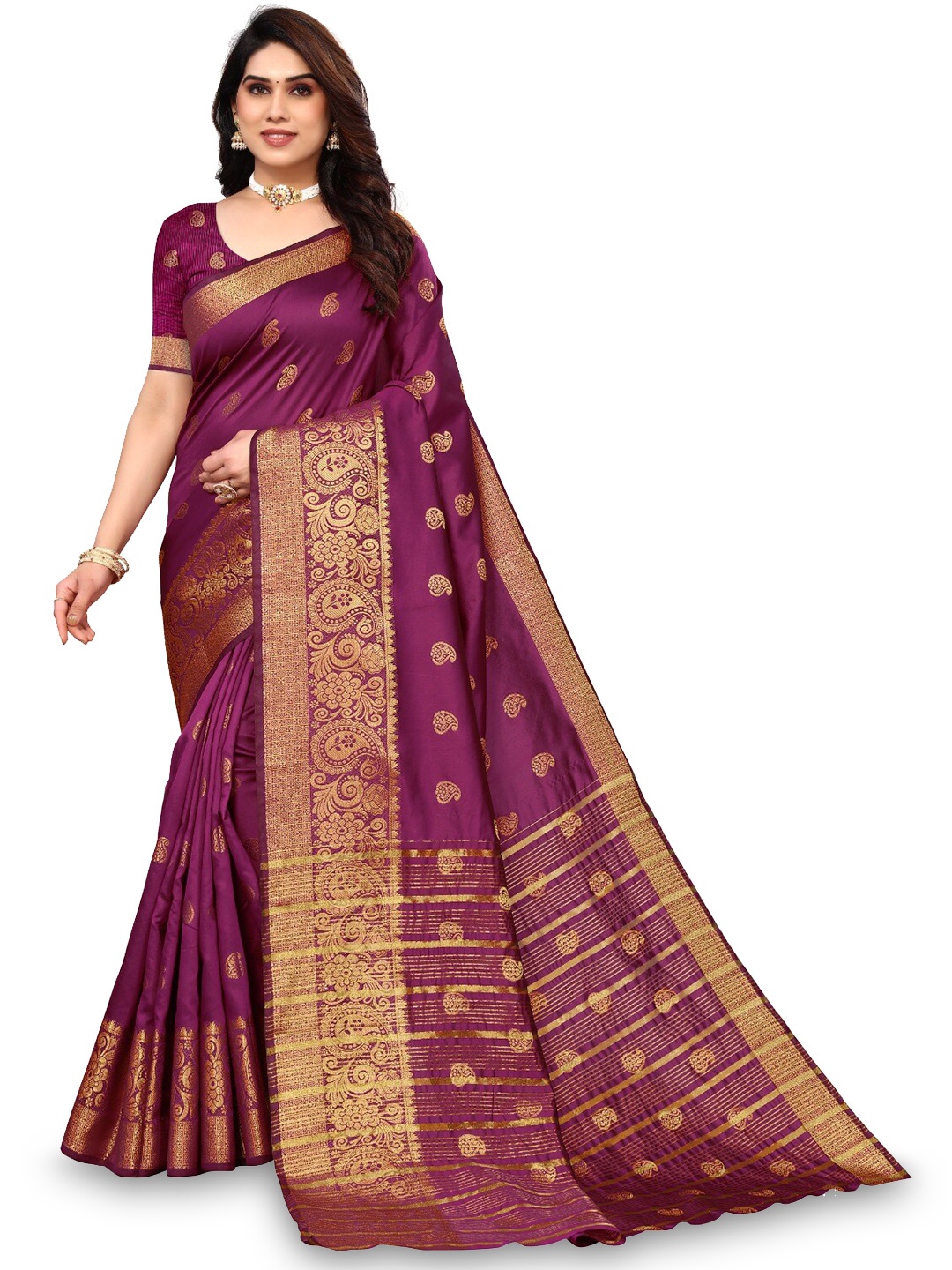 

DIVASTRI Paisley Woven Design Zari Silk Cotton Banarasi Saree, Purple