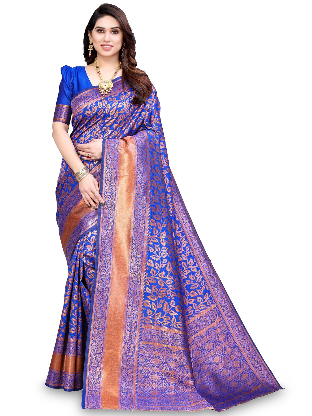 

DIVASTRI Floral Woven Design Zari Silk Cotton Banarasi Saree, Blue