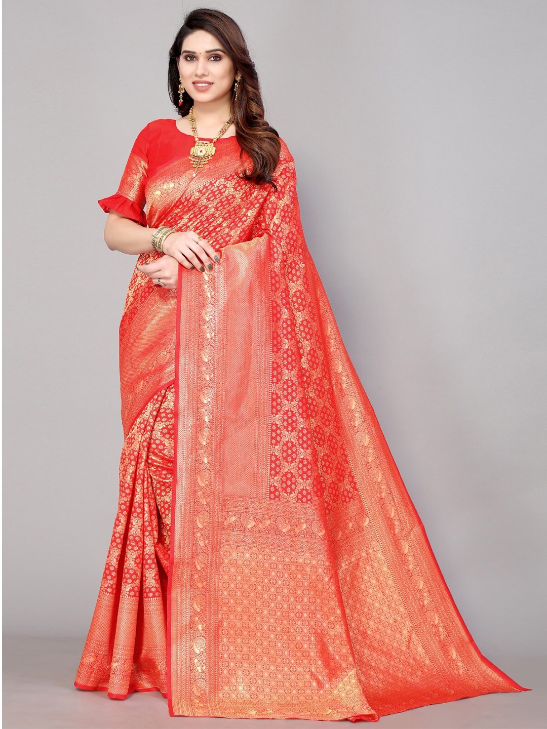 

DIVASTRI Ethnic Motifs Zari Silk Cotton Banarasi Saree, Red