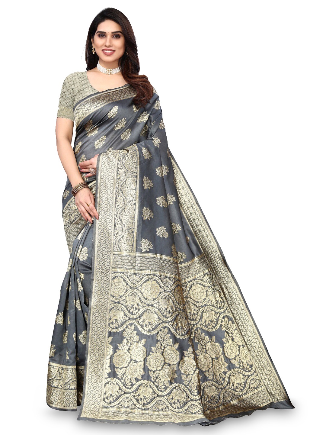 

DIVASTRI Floral Woven Design Zari Silk Cotton Banarasi Saree, Grey