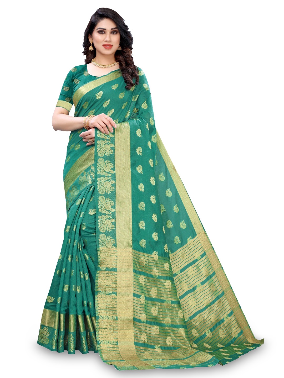 

DIVASTRI Ethnic Motif Woven Design Zari Silk Cotton Saree, Green