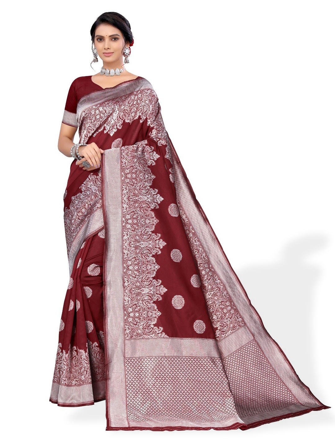 

DIVASTRI Floral Woven Design Zari Silk Cotton Banarasi Saree, Maroon