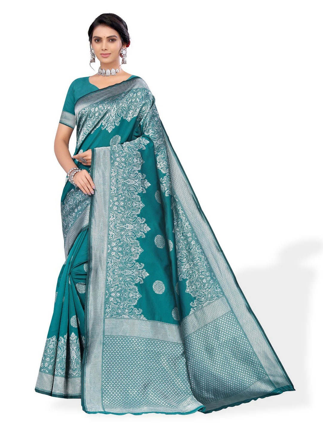 

DIVASTRI Ethnic Motifs Printed Zari Silk Cotton Banarasi Saree, Sea green