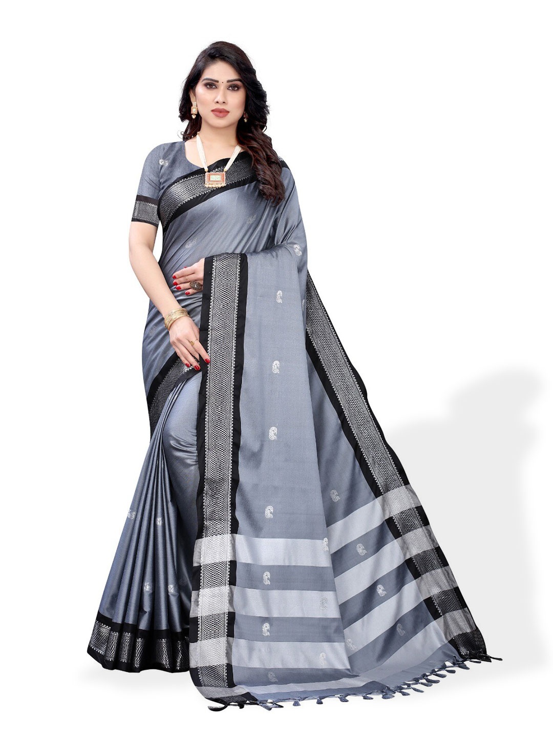 

DIVASTRI Ethnic Motifs Woven Design Zari Silk Cotton Banarasi Saree, Grey