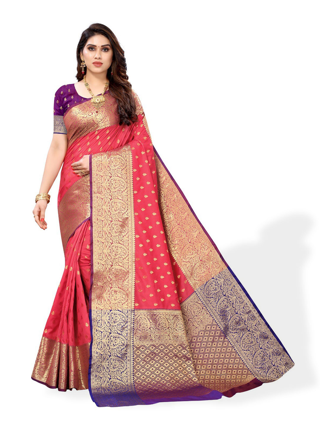 

DIVASTRI Floral Woven Design Zari Silk Cotton Banarasi Saree, Pink