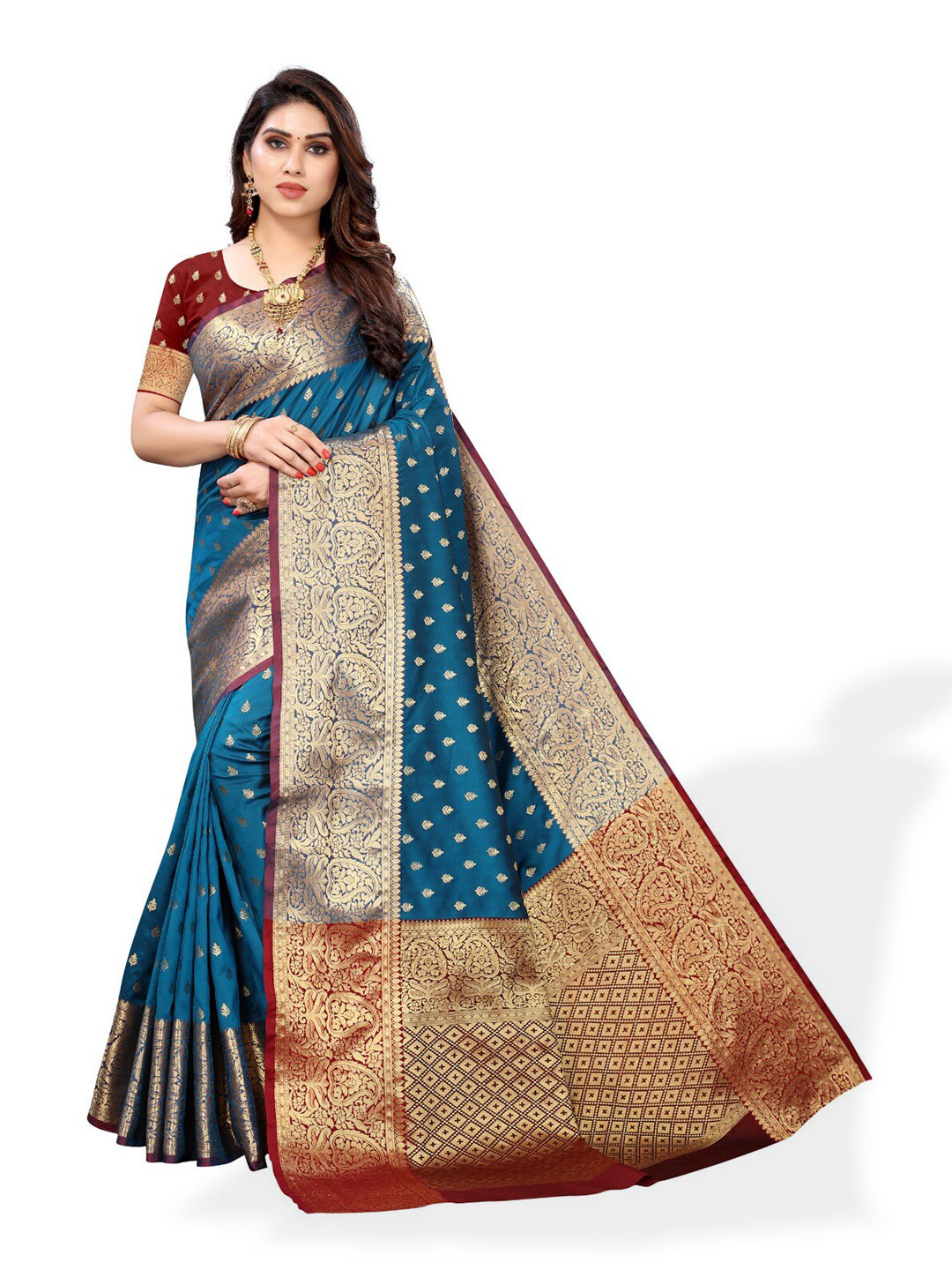 

DIVASTRI Ethnic Woven Design Zari Silk Cotton Banarasi Saree, Blue