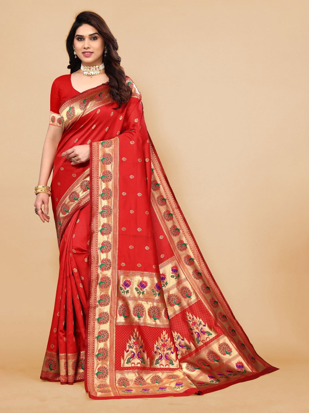 

DIVASTRI Floral Woven Design Zari Silk Cotton Paithani Saree, Red