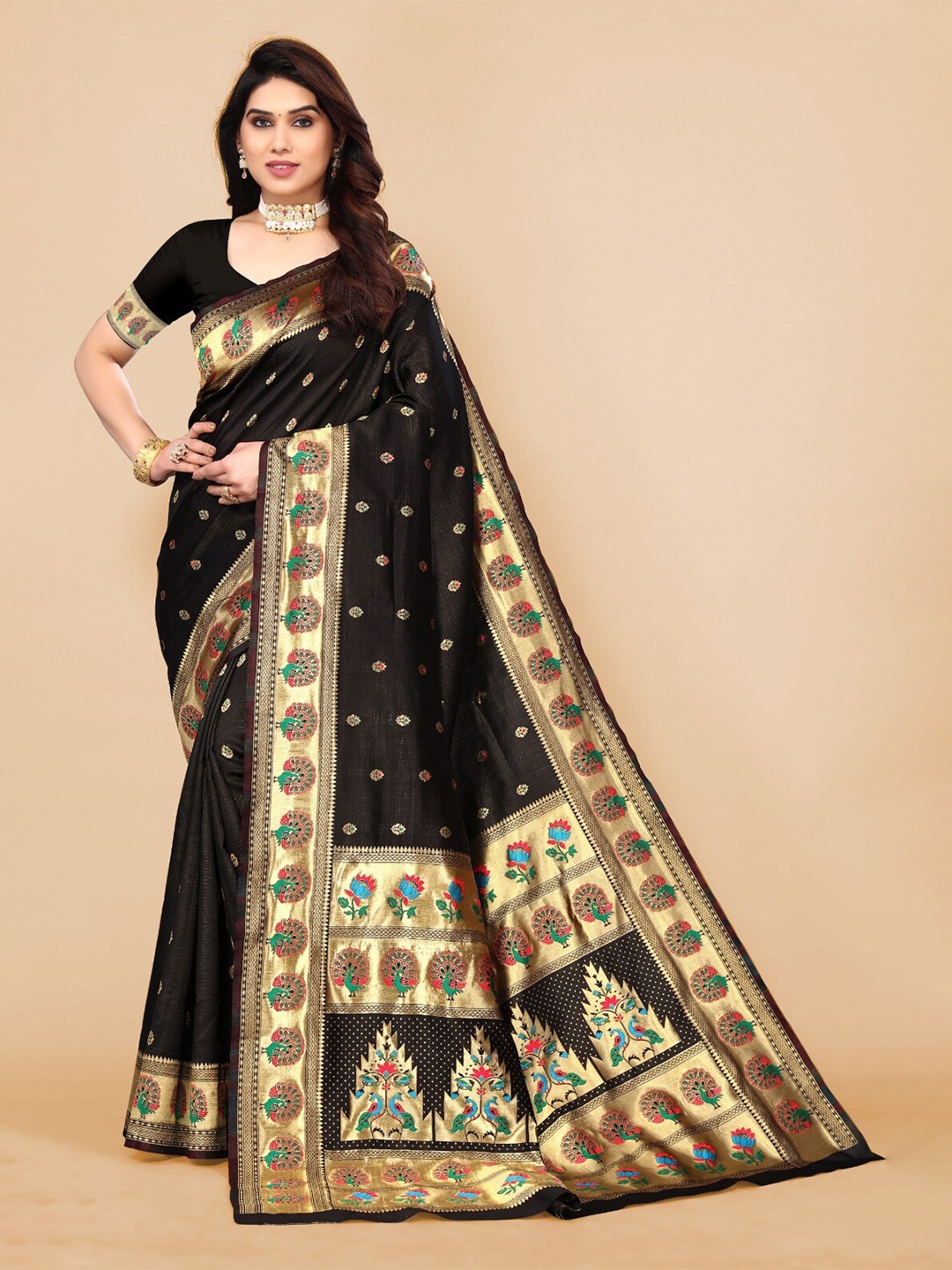 

DIVASTRI Ethnic Woven Design Zari Silk Cotton Paithani Saree, Black