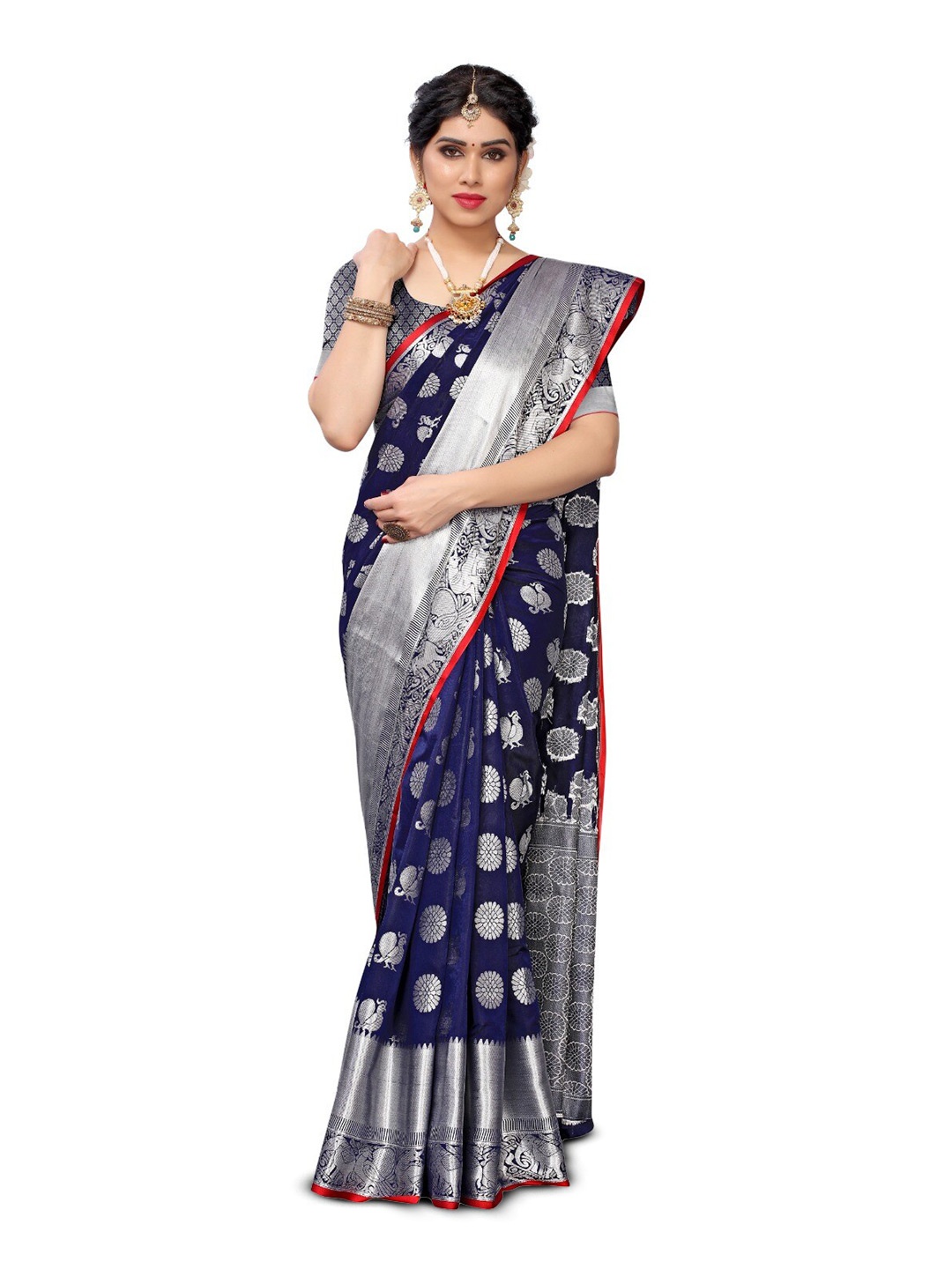

DIVASTRI Ethnic Woven Design Zari Silk Cotton Kanjeevaram Saree, Blue