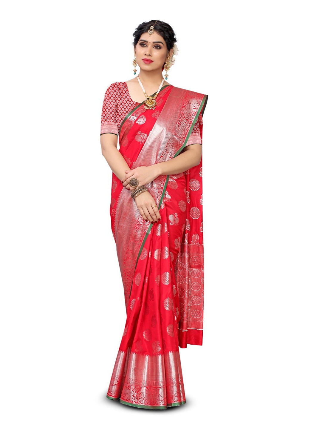

DIVASTRI Ethnic Motif Woven Design Zari Silk Cotton Kanjeevaram Saree, Red