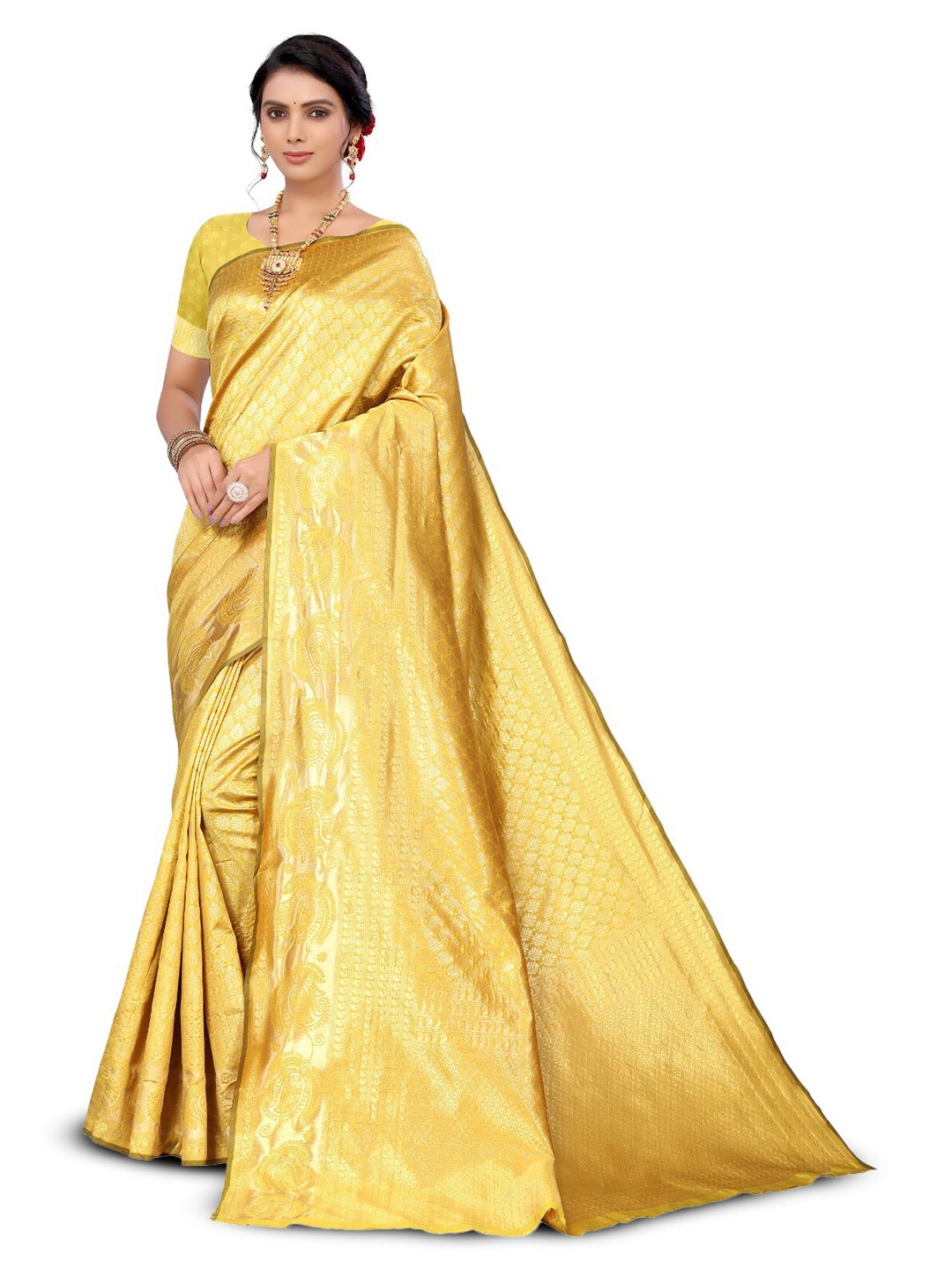 

DIVASTRI Ethnic Woven Design Zari Silk Cotton Banarasi Saree, Yellow