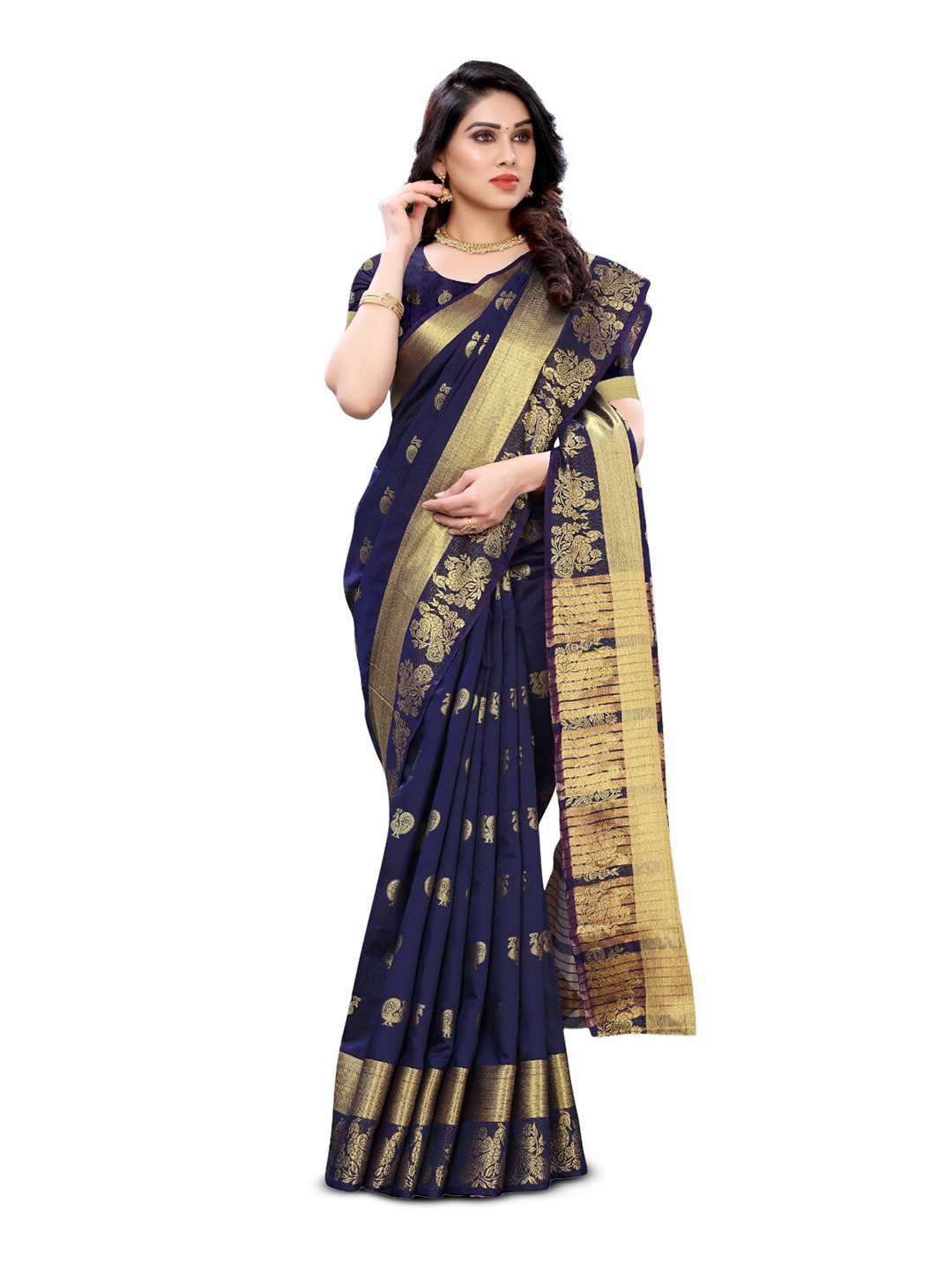 

DIVASTRI Ethnic Motif Woven Design Zari Silk Cotton Saree, Navy blue