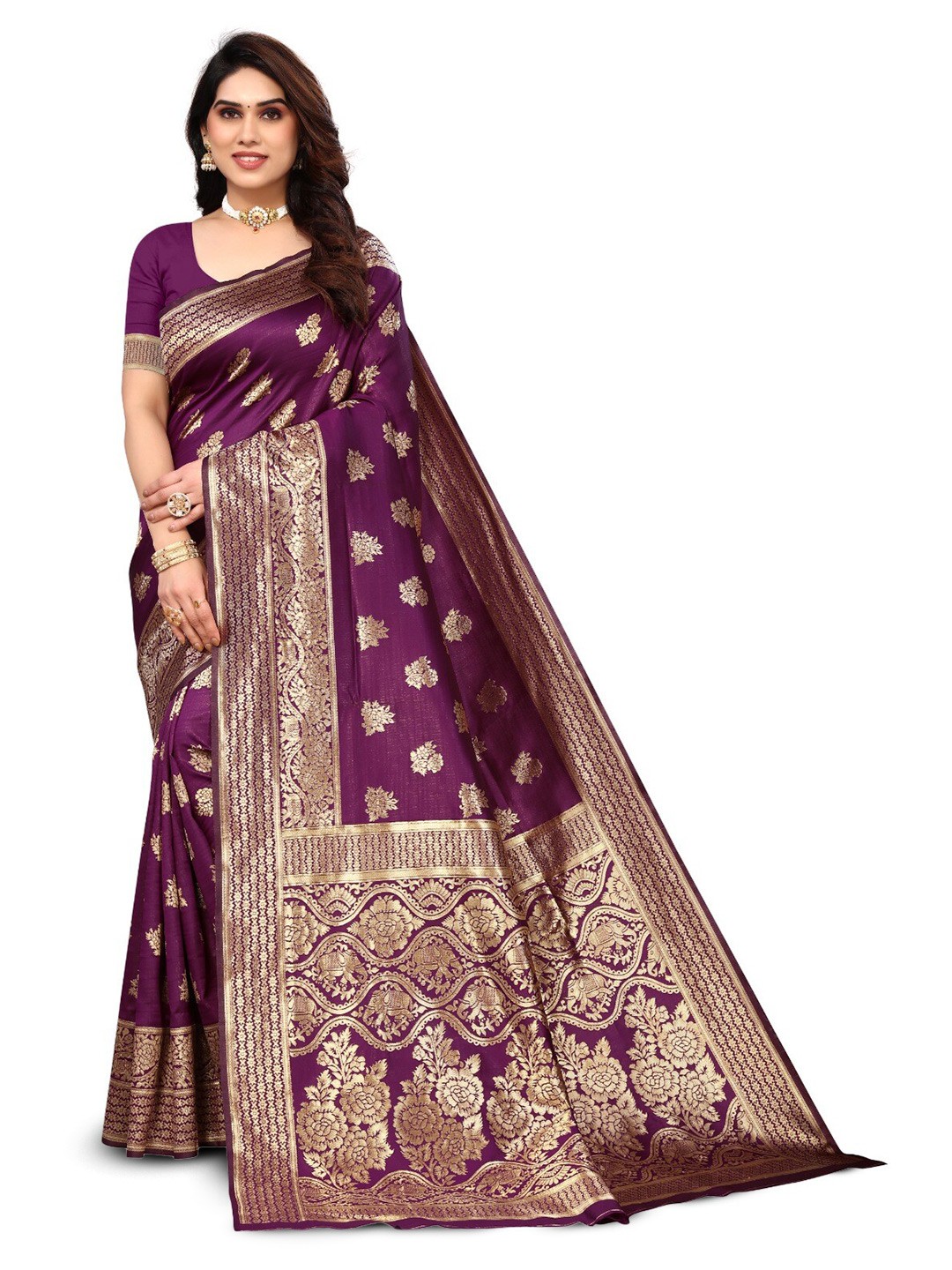 

DIVASTRI Floral Woven Design Zari Silk Cotton Banarasi Saree, Magenta