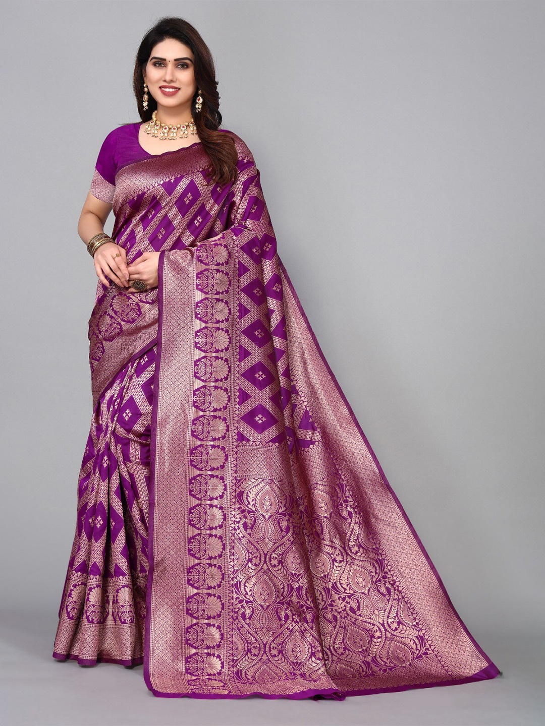 

DIVASTRI Ethnic Motif Woven Design Zari Silk Cotton Banarasi Saree, Purple