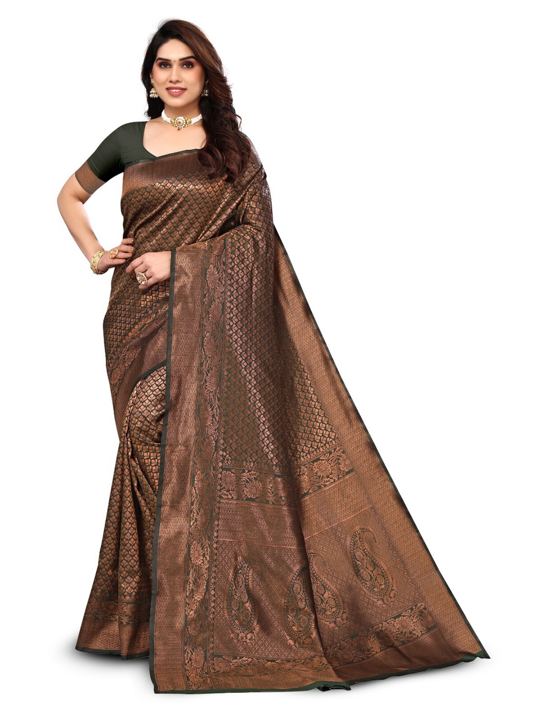 

DIVASTRI Ethnic Woven Design Zari Silk Cotton Banarasi Saree, Green