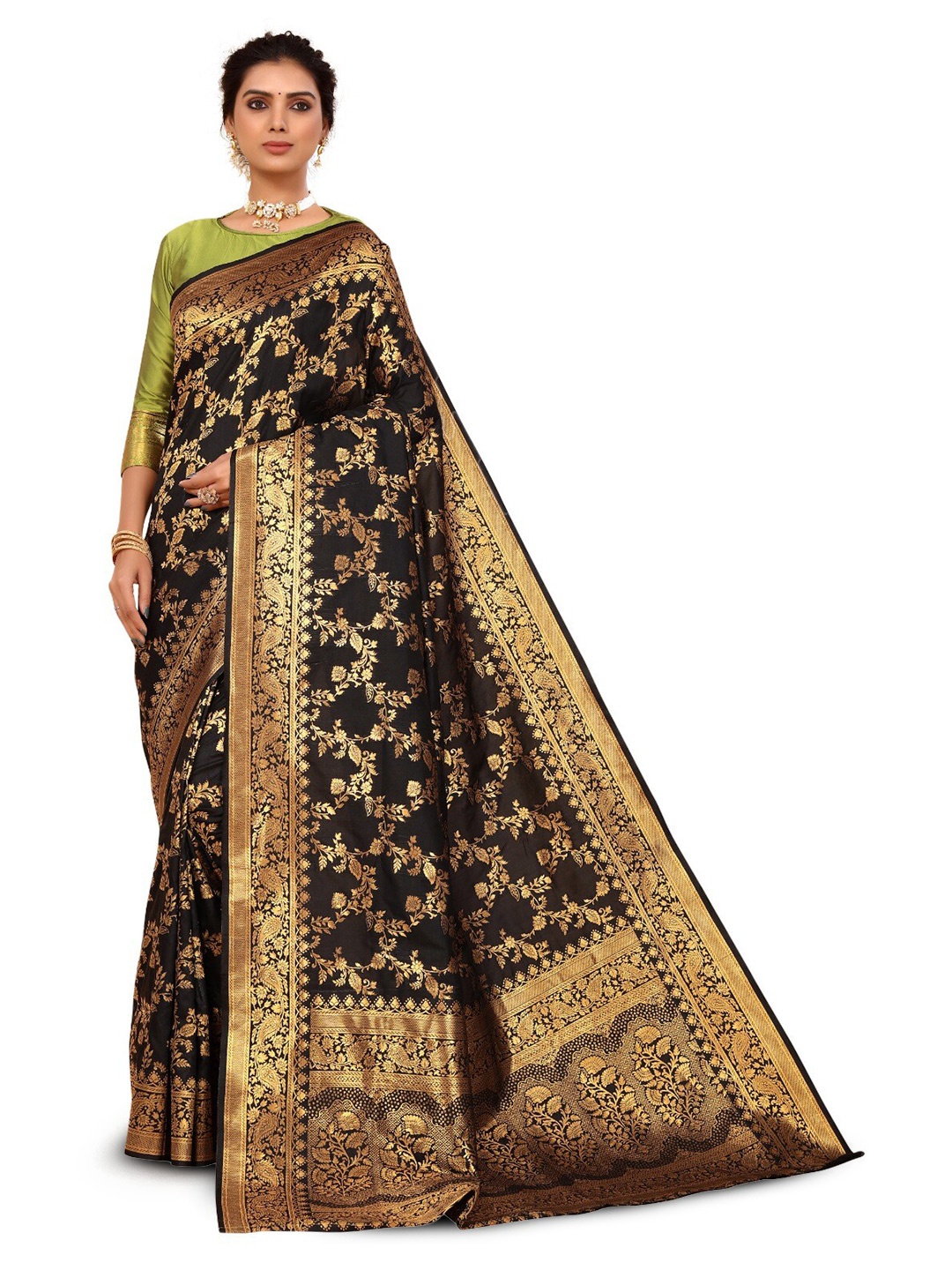 

DIVASTRI Floral Woven Design Zari Silk Cotton Banarasi Saree, Black