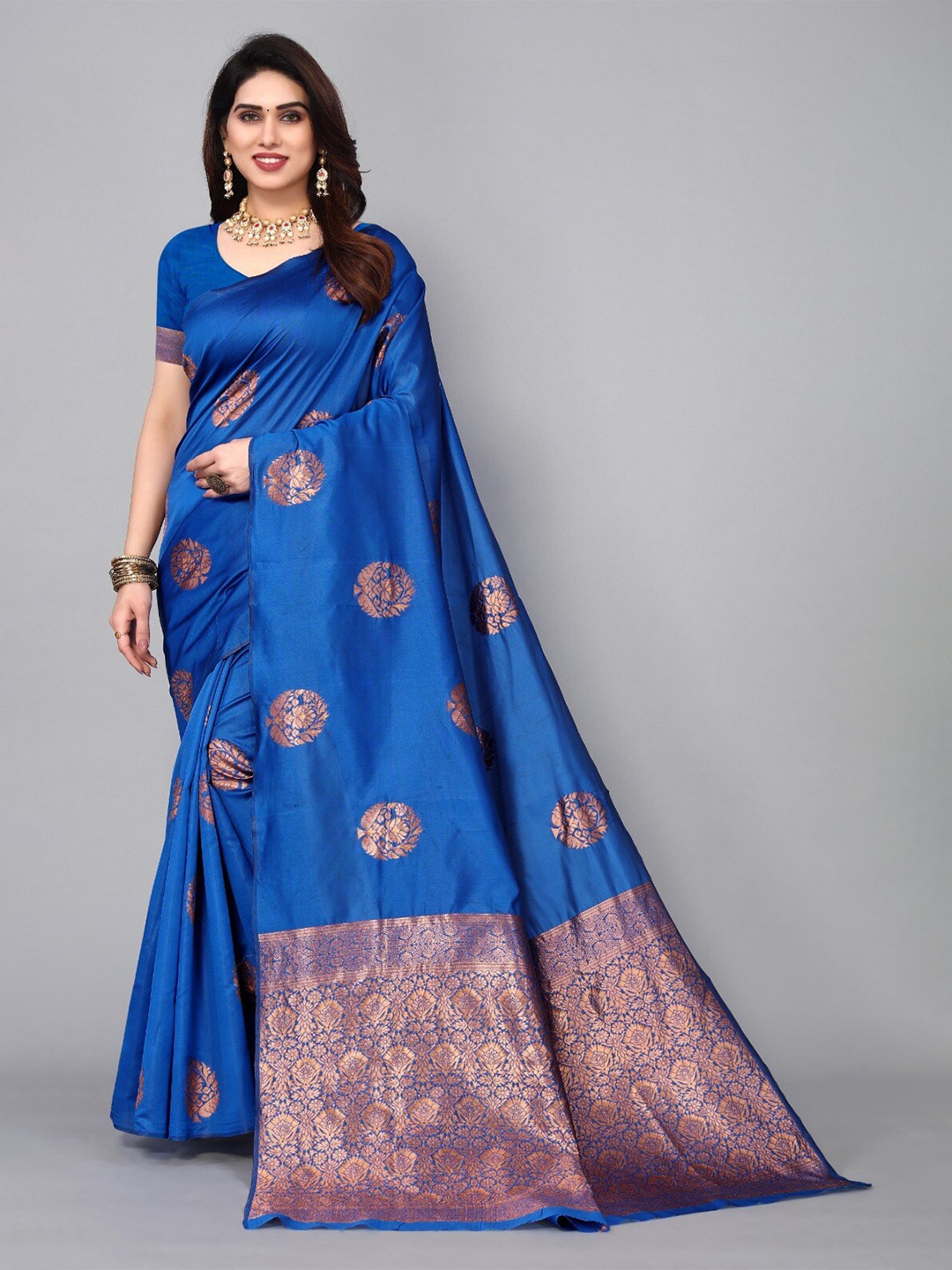 

DIVASTRI Floral Woven Design Zari Silk Cotton Banarasi Saree, Blue