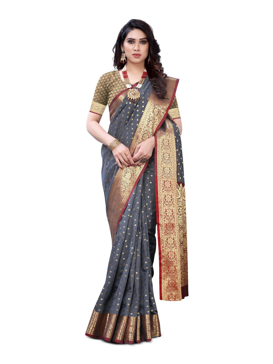 

DIVASTRI Floral Woven Design Zari Silk Cotton Banarasi Saree, Grey