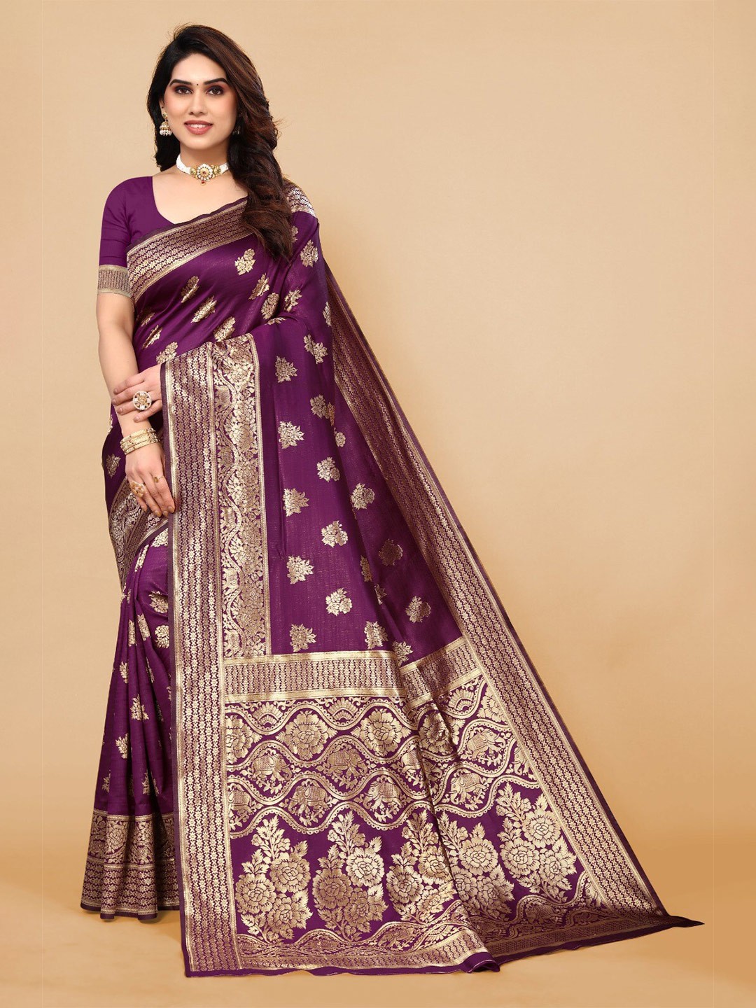 

DIVASTRI Floral Woven Design Zari Silk Cotton Banarasi Saree, Purple