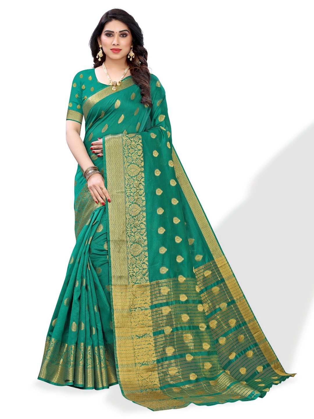 

DIVASTRI Ethnic Motif Woven Design Zari Silk Cotton Saree, Green