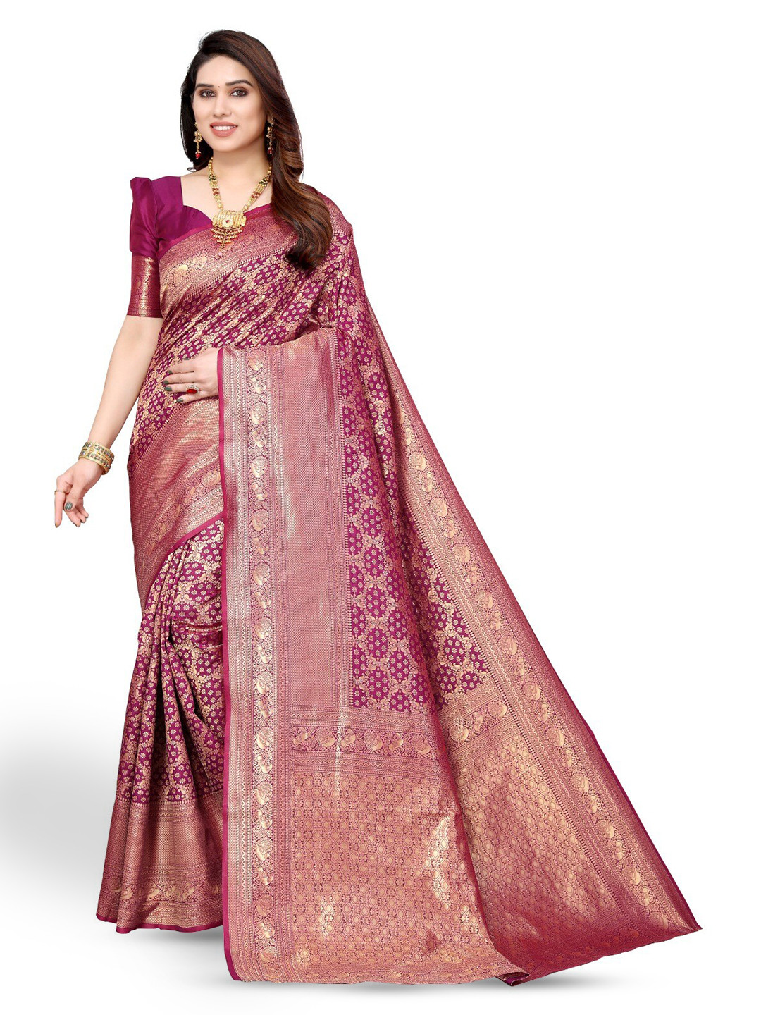 

DIVASTRI Floral Woven Design Zari Silk Cotton Banarasi Saree, Magenta