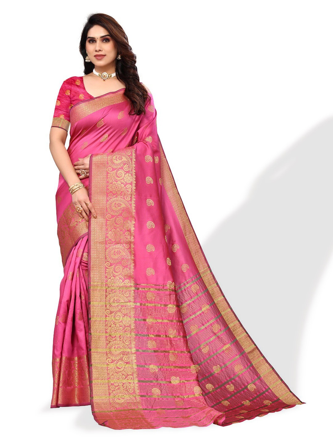 

DIVASTRI Paisley Woven Design Zari Silk Cotton Banarasi Saree, Pink