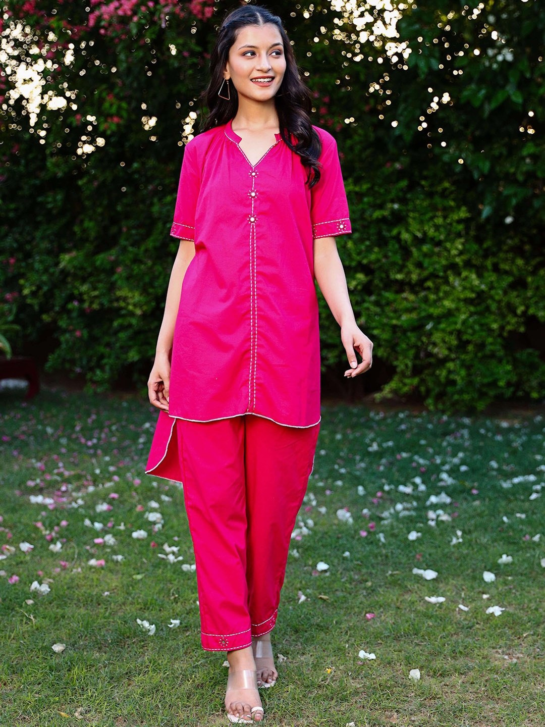 

Lirose Embroidered Detail Pure Cotton Top & Trouser Co Ords, Pink