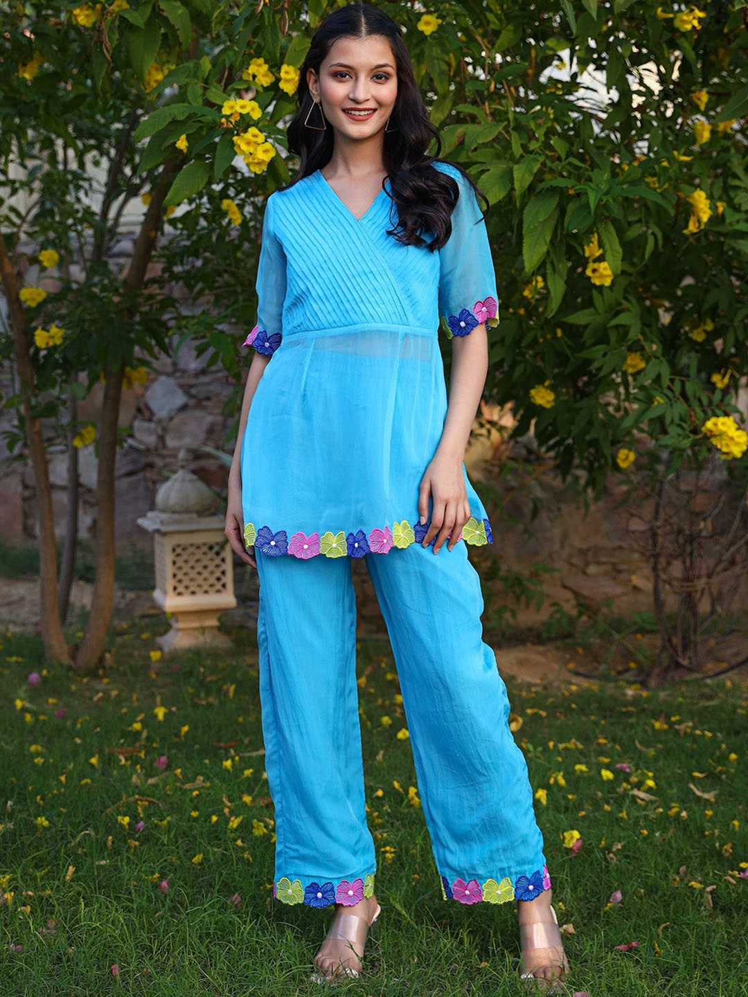

Lirose Embroidered Pure Cotton Tunic With Trousers, Blue