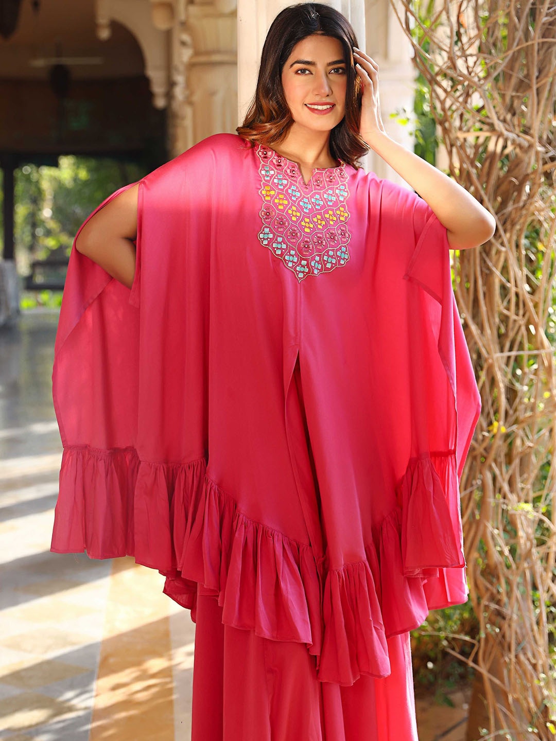 

Lirose Embellished Yoke Satin Kaftan Top With Flared Palazzos, Pink