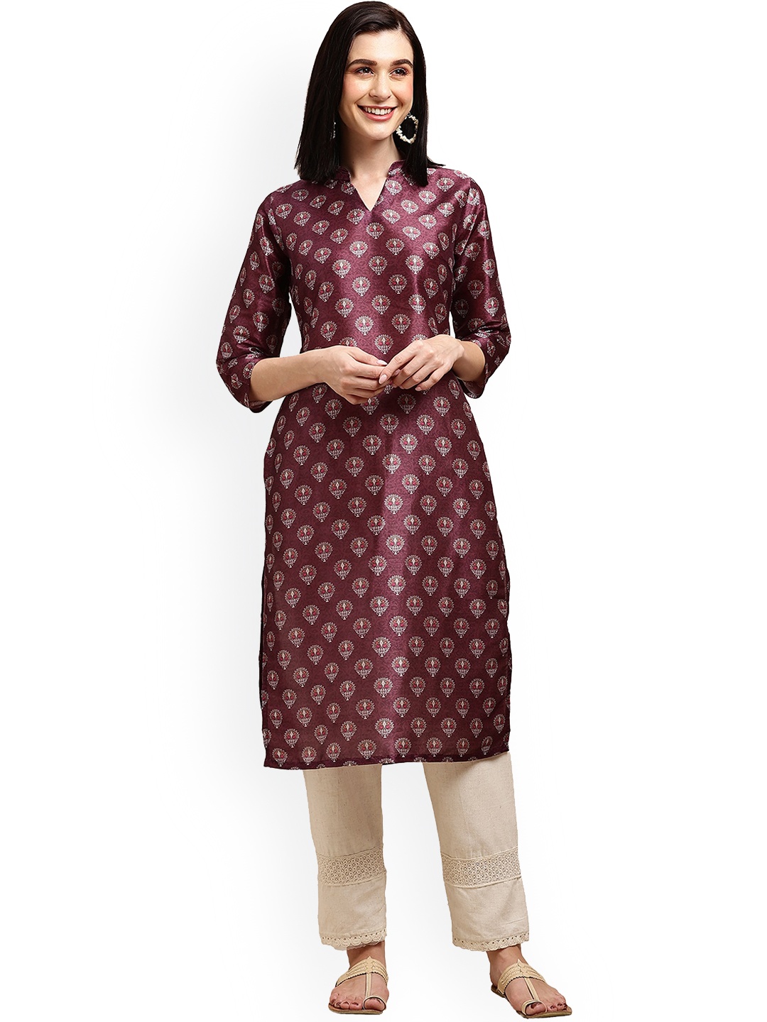 

KALINI Ethnic Motifs Printed Chanderi Silk Kurta, Purple