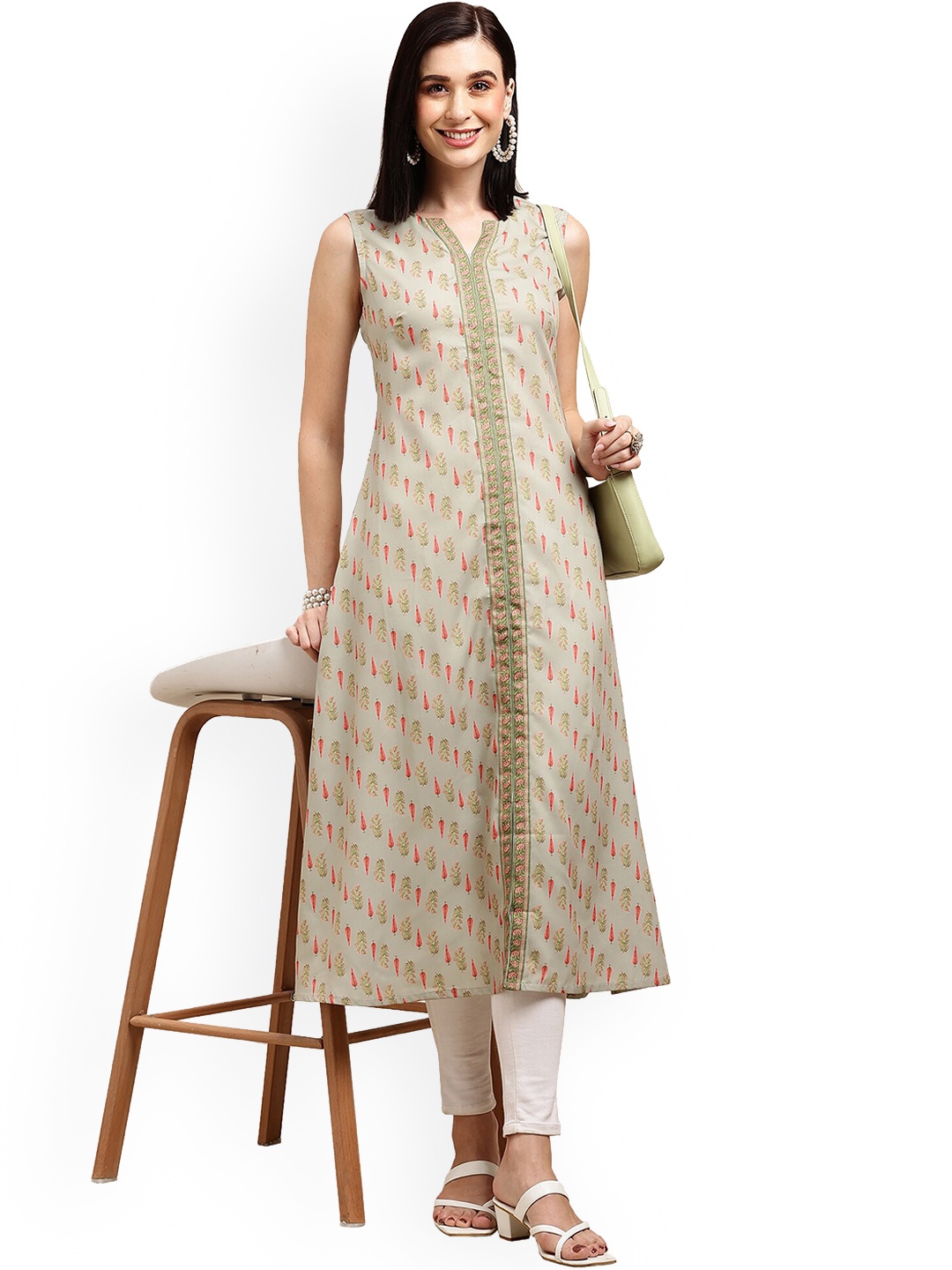 

KALINI Floral Printed Sleeveless A-Line Kurta, Green