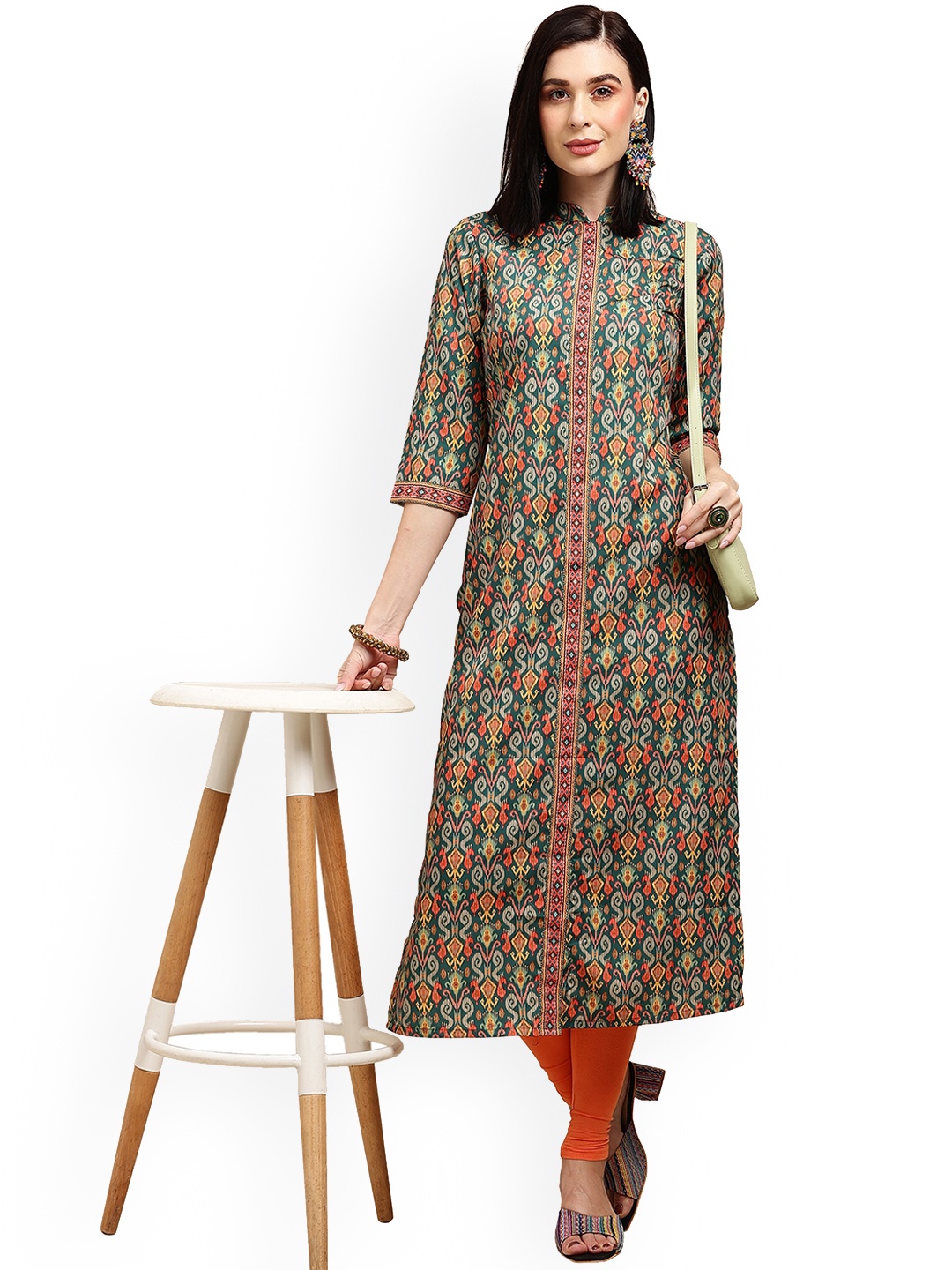 

KALINI Ethnic Motifs Printed Mandarin Collar Kurta, Green