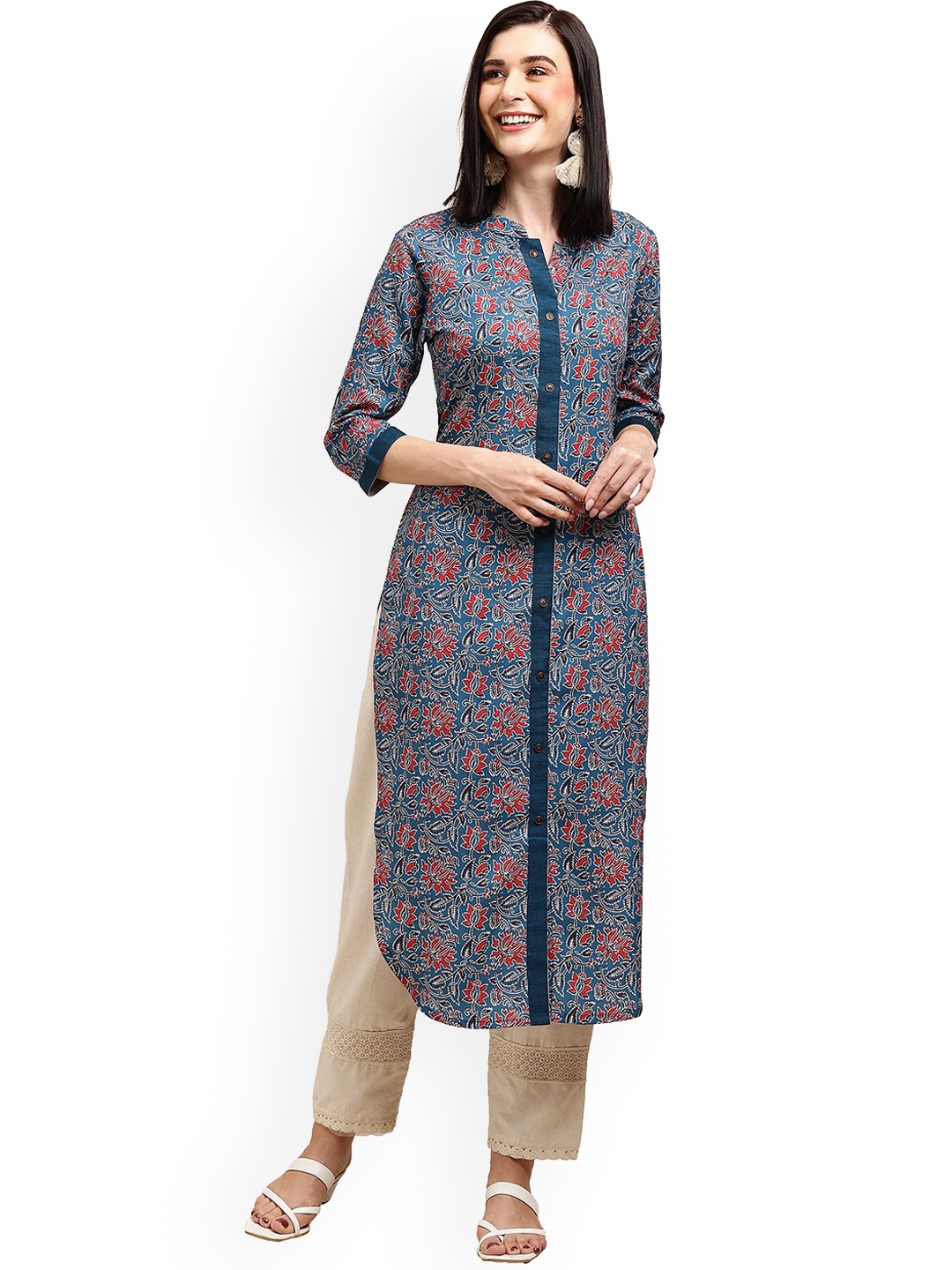 

KALINI Floral Printed Mandarin Collar A-Line Kurta, Blue