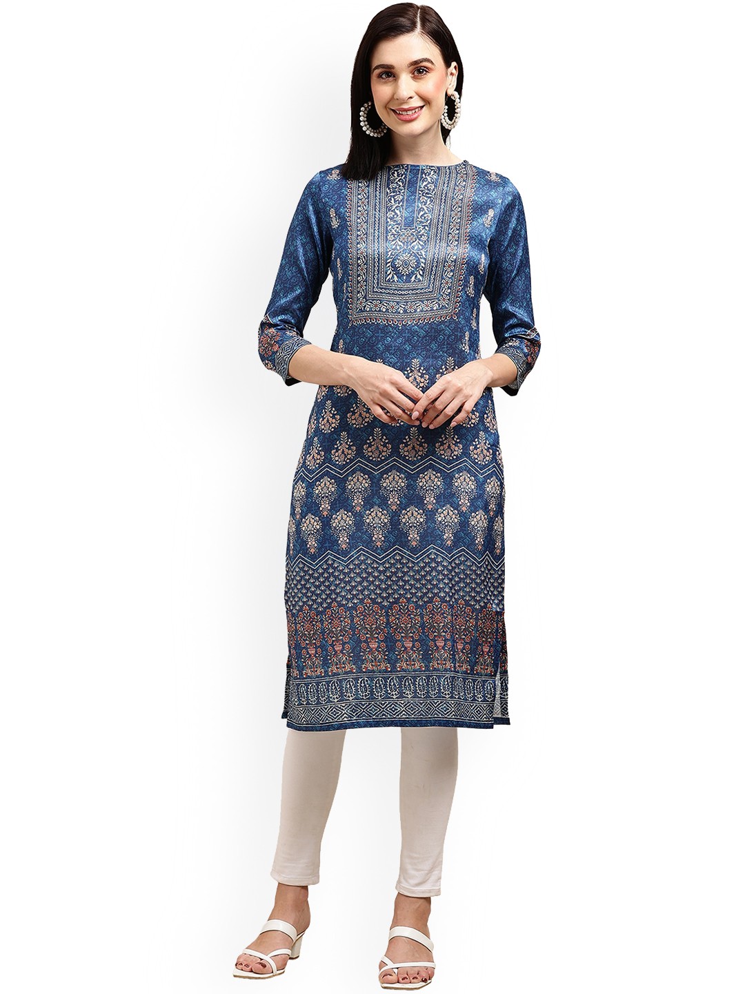 

KALINI Ethnic Motifs Printed Chanderi Silk Kurta, Blue
