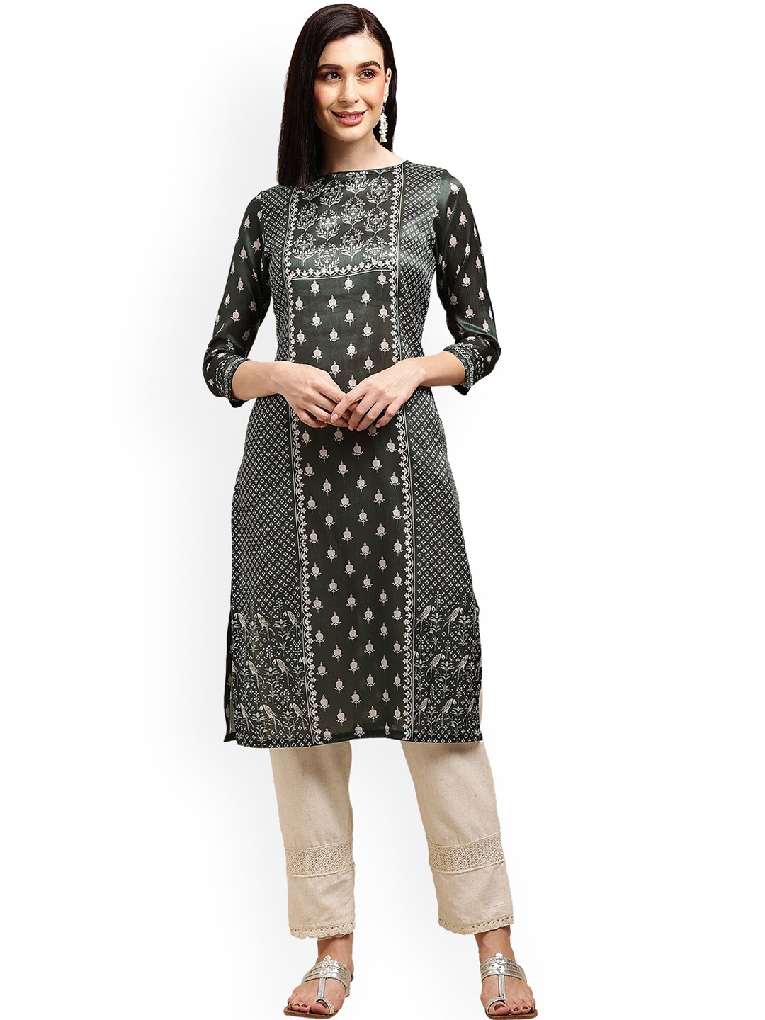 

KALINI Floral Printed Regular Sleeves Straight Kurta, Green