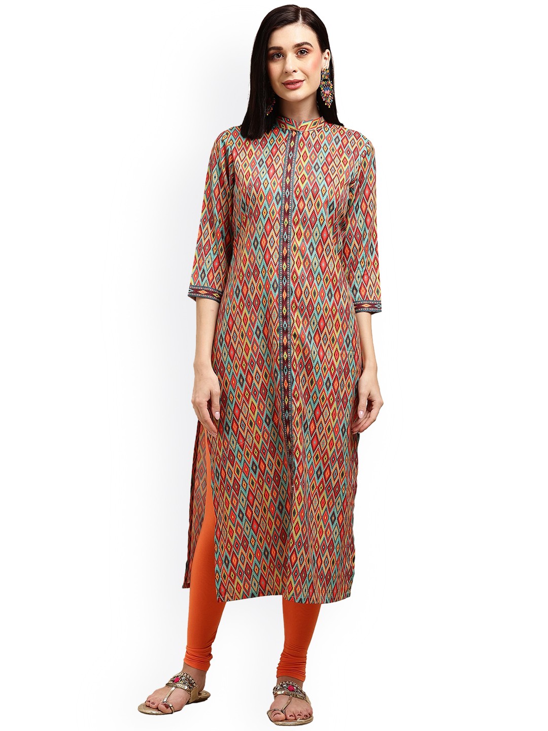 

KALINI Geometric Printed Regular Sleeves Straight Kurta, Orange