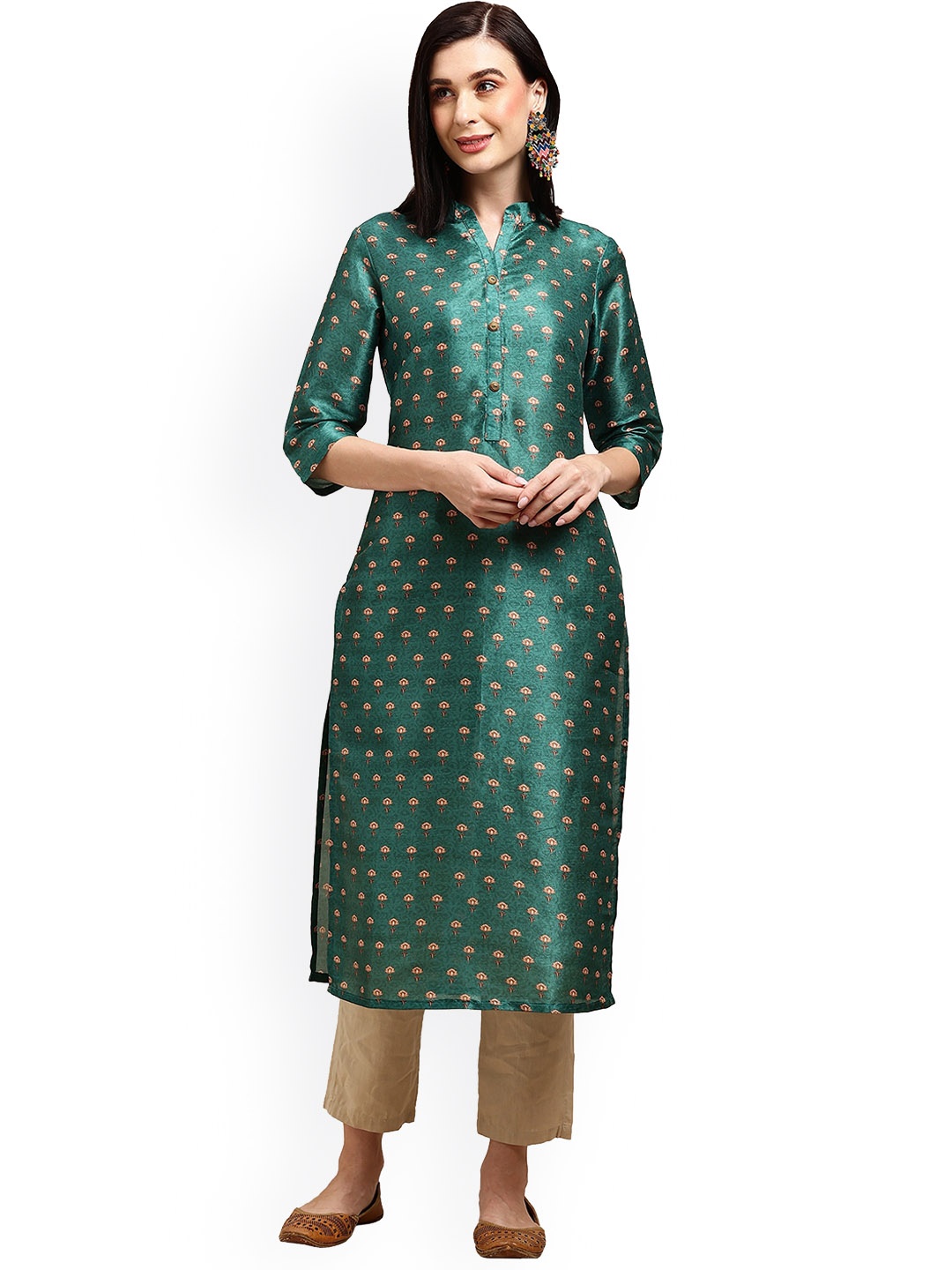 

KALINI Women Floral Printed Mandarin Collar Chanderi Silk Straight Kurta, Green