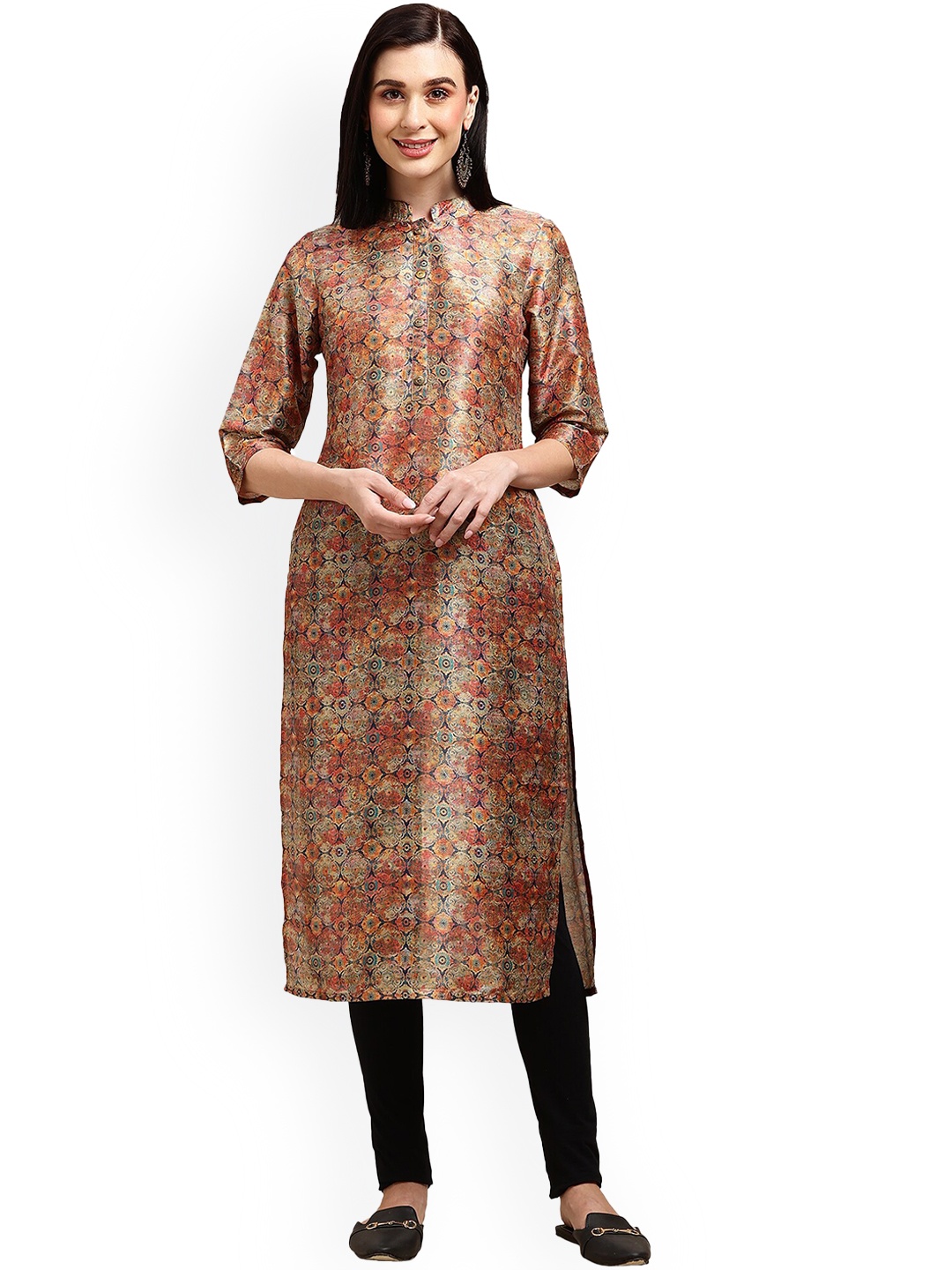 

KALINI Floral Printed Chanderi Silk Straight Kurta, Brown