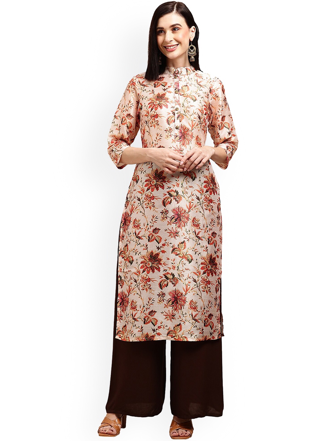 

KALINI Women Floral Digital Printed Band Collar Straight Kurta, Peach