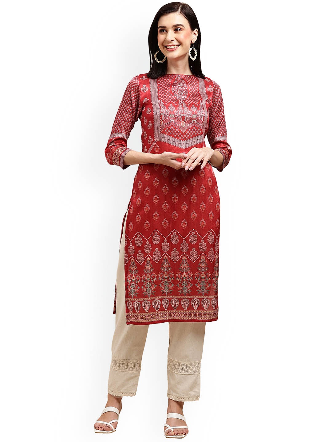 

KALINI Ethnic Motifs Printed Chanderi Silk Kurta, Red