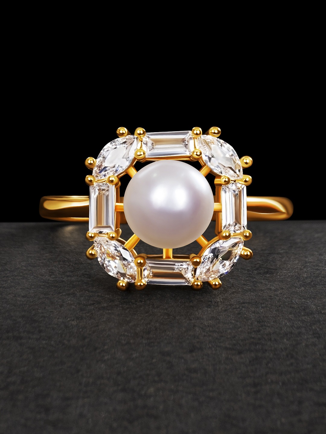 

anore Gold-Plated AAA+ Zircon & Beads Studded Adjustable Pearl Finger Ring