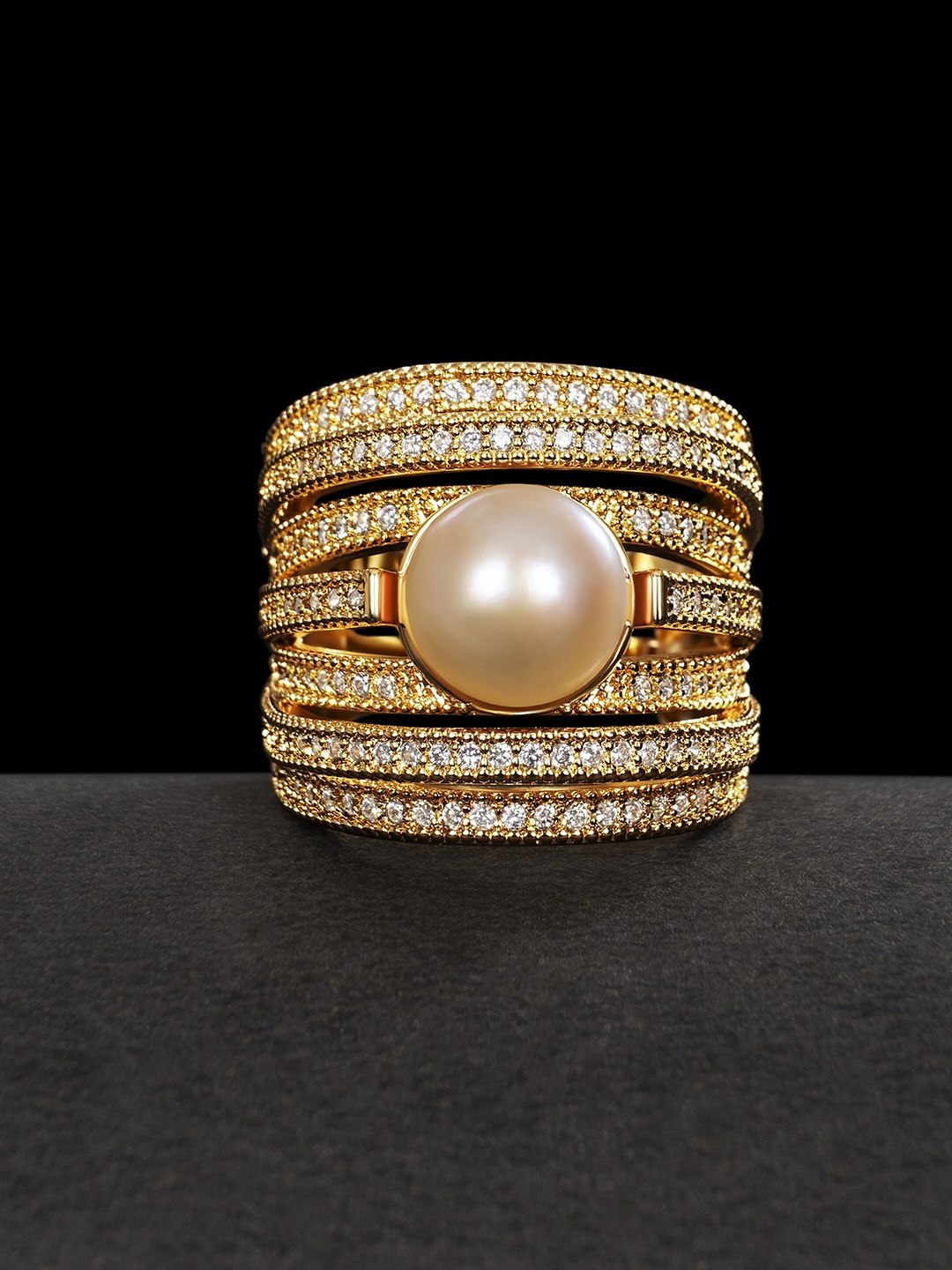 

anore Gold-Plated AAA+ Zircon & Pearl Studded Adjustable Finger Ring