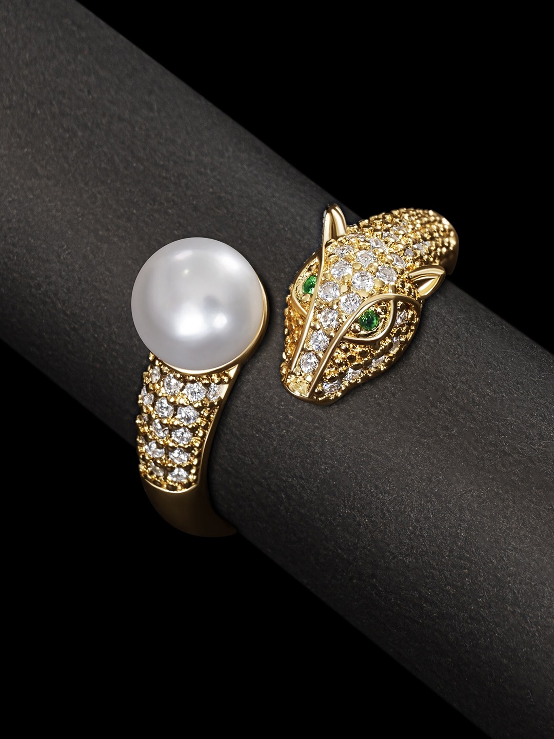 

anore Gold-Plated AAA+ Zircon & Pearl Studded Adjustable Finger Ring