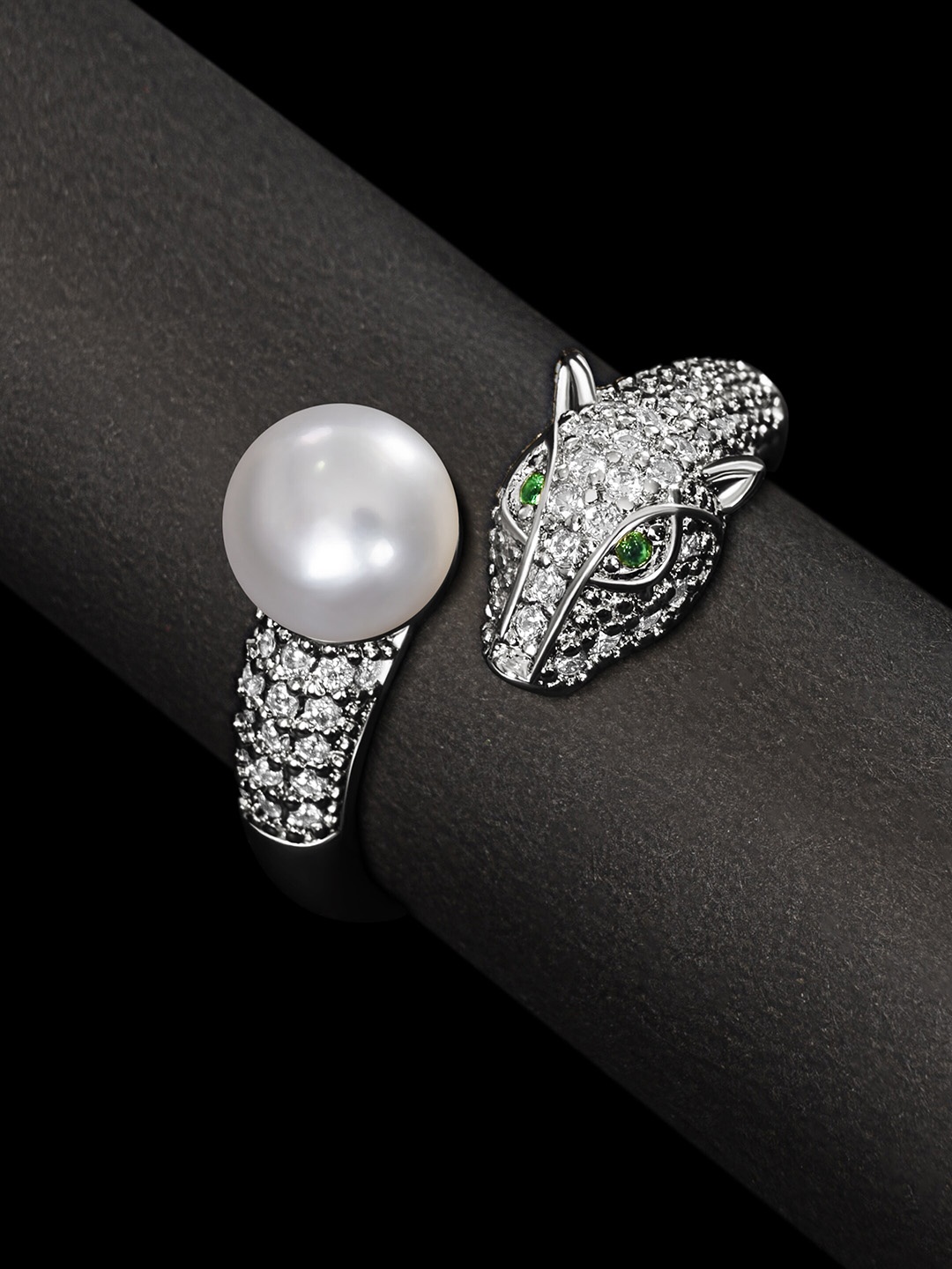 

anore Platinum-Plated AAA+ Zircon & Pearls Studded Adjustable Finger Ring, Silver