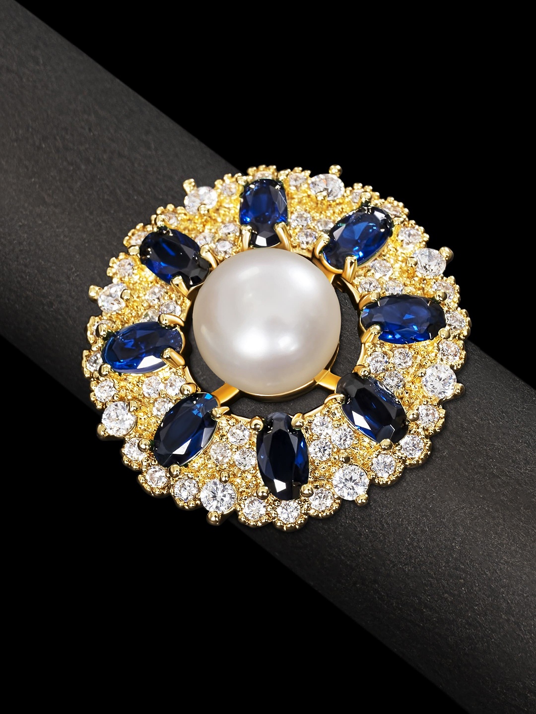 

anore Gold-Plated AAA+ Zircon & Pearls Studded Adjustable Finger Ring