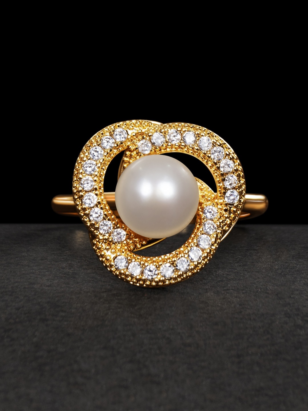 

anore Gold-Plated AAA+ Zircon & Pearl Studded Adjustable Finger Ring