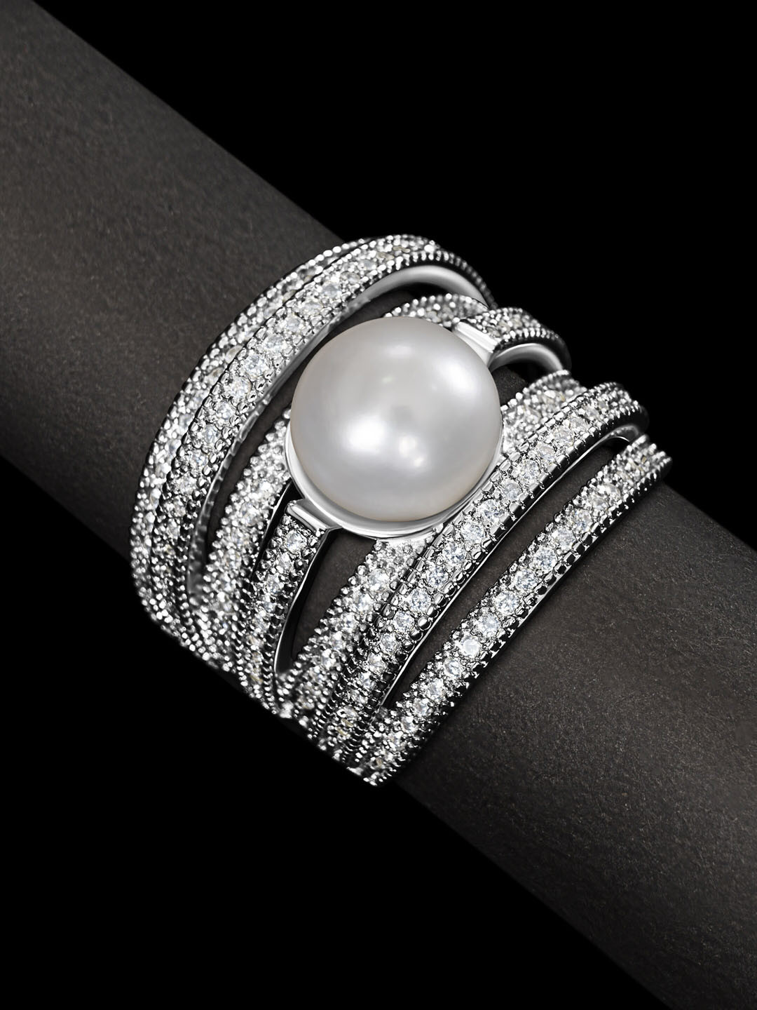 

anore Platinum-Plated AAA+ Zircon & Beads Studded Adjustable Pearl Finger Ring, Silver