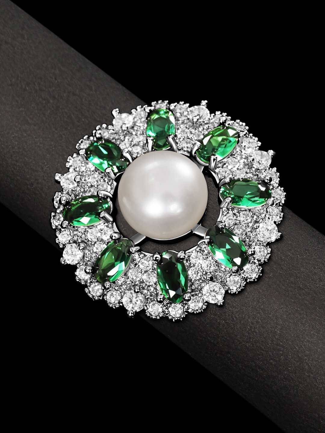 

anore Platinum-Plated AAA+ Zircon Beads & Pearls Studded Adjustable Finger Ring, Silver